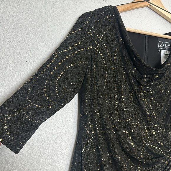 Alex Evenings Women’s Size 8 Black Gold 3/4 Sleeve Midi Knee Length Dress - Picture 3 of 13